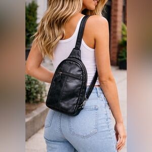 Wild West Black Leather Mini Backpack Crossbody Bag Plaid Lined Zippered Pockets